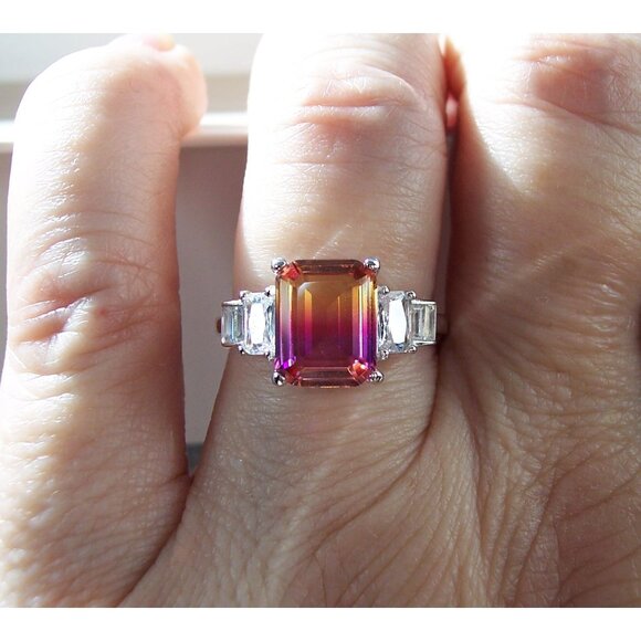 925 STERLING SILVER Emerald Cut Gradient Cubic Zirconia Ring - Picture 9 of 16